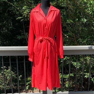 Vintage 70s Dagger Collar Polkadot belted Secretary Midi Dress